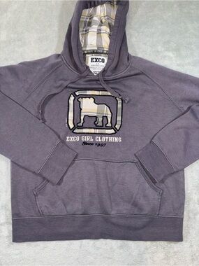 VTG Y2K Exco Girl Clothing Bulldog Graphic Hoodie Plaid Lined Charcoal Gray L
